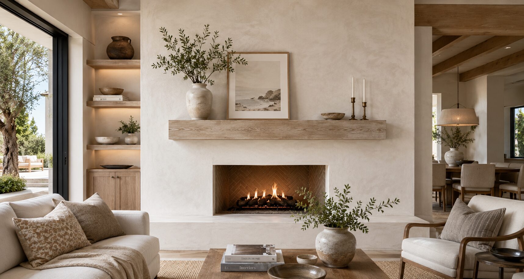 Living room fireplace with a hand-applied luxury finish in warm greige