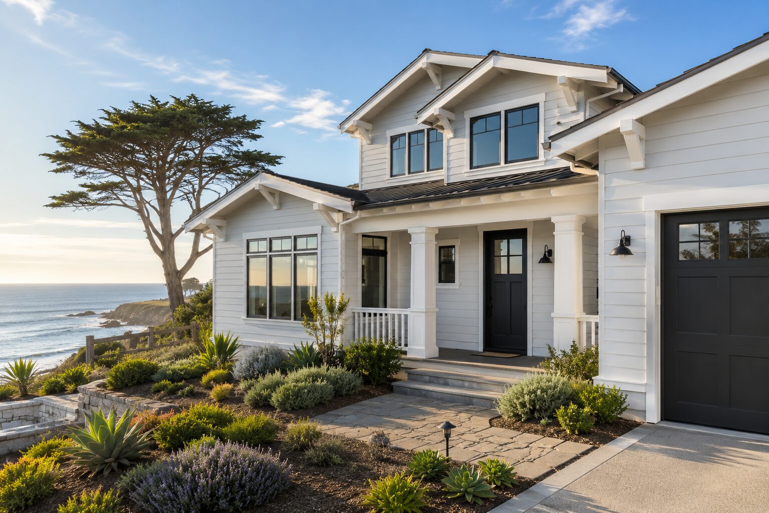 Coastal Santa Cruz home repainted in warm white with crisp trim