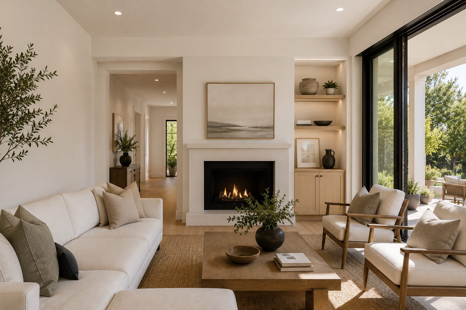 Freshly painted Santa Cruz living room with warm neutral walls and white trim